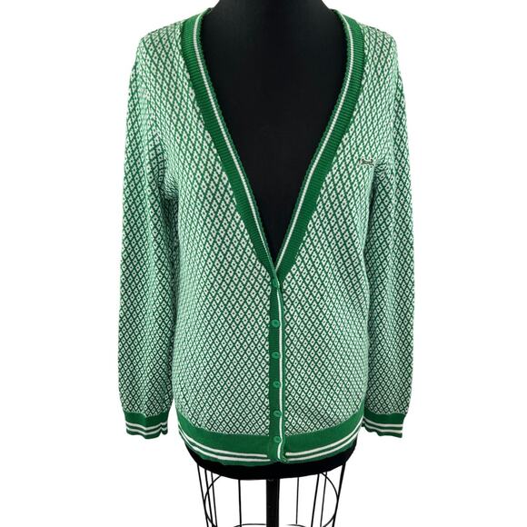 LE TIGRE Green White Diamond Print Cotton V-Neck Button Down Cardigan Sweater XL - Picture 1 of 11
